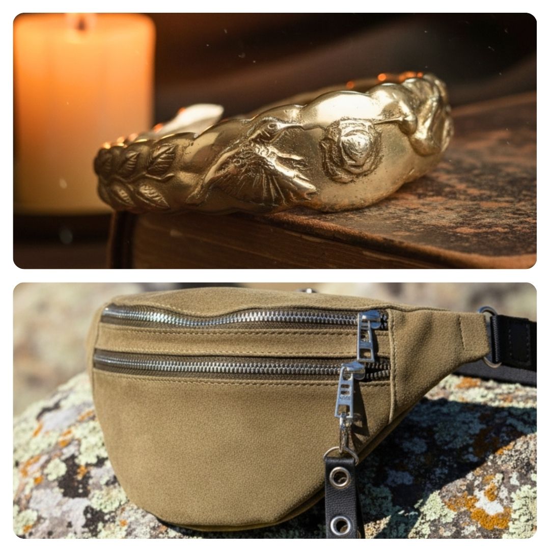 Mujer con riñonera marrón gastada y brazalete sentada junto a un río